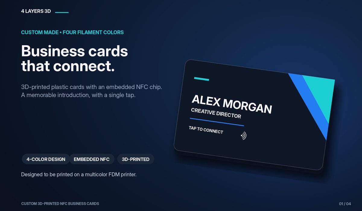 Slide: Business cards that connect. A dark card with blue and teal stripes reading Alex Morgan, Creative Director, Tap to connect