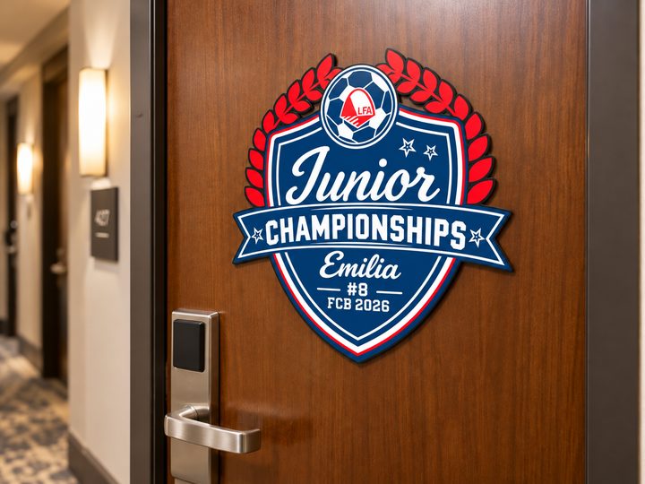 Junior Championships door sign on a hotel room door in a hallway