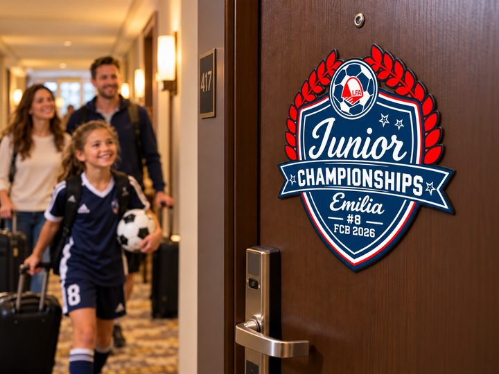 A young player with a soccer ball arriving at her hotel room with her parents, her name sign on the door