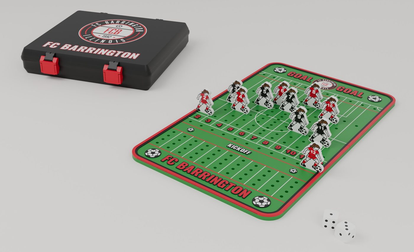 FC Barrington soccer dice game: numbered red and black player pieces standing on the green field board, two dice, and the black storage box with red latches and the FCB crest