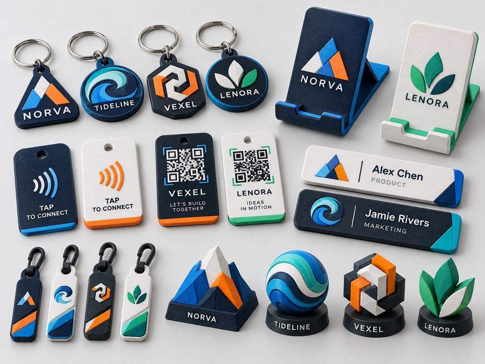 Company-branded keychains, tap-to-connect NFC tags, QR tags, phone stands, name badges and logo models