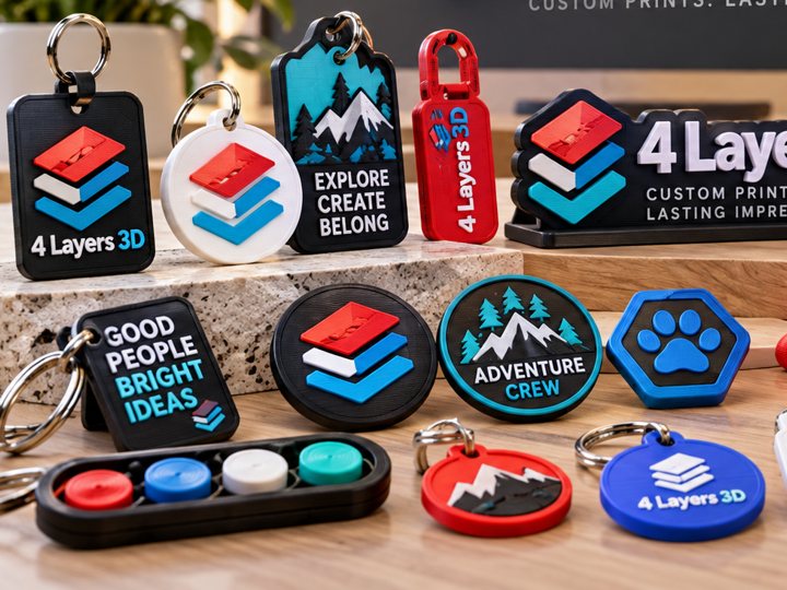 3D-printed giveaway keychains, logo tokens and tags in red, white, blue and black