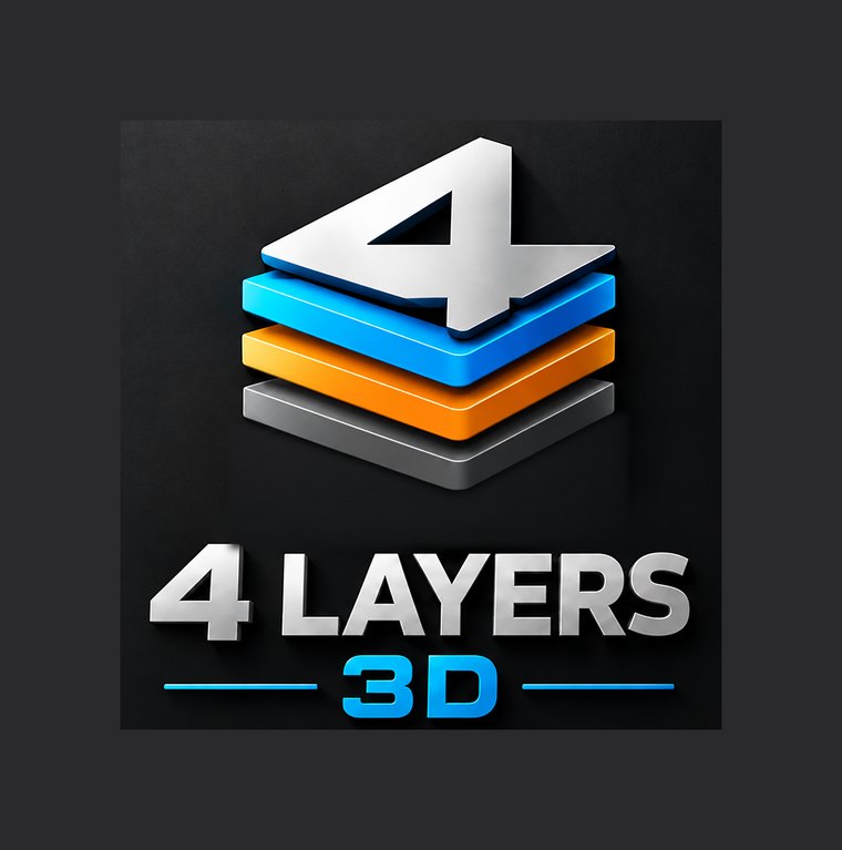 4 Layers 3D logo: a number 4 resting on three stacked layers in blue, orange and steel