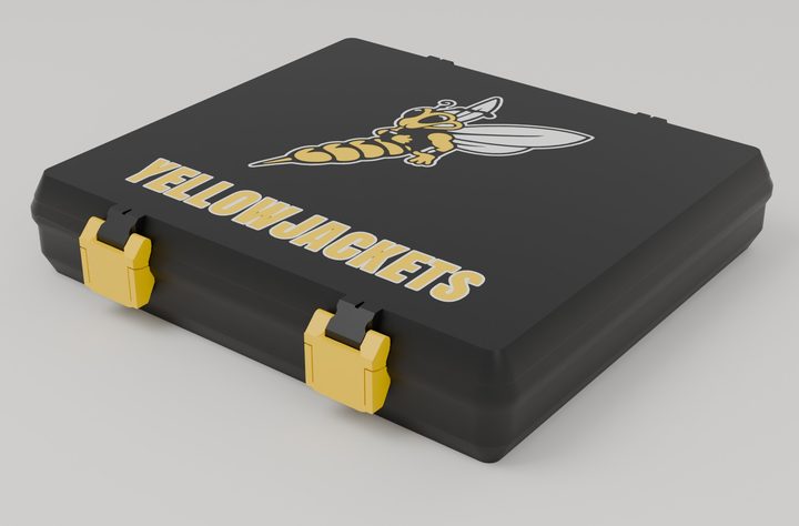 Closed black SnapLock box with gold latches and Yellowjackets lettering