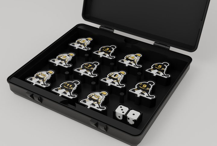 Open storage box with each player piece and both dice in its own slot