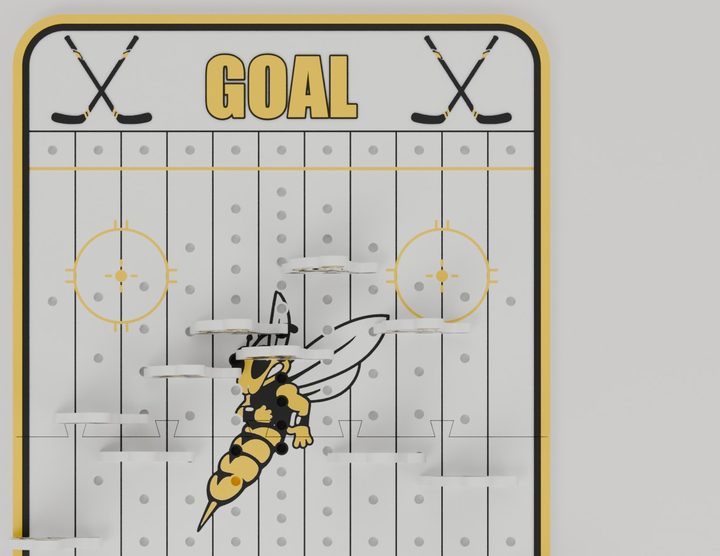 Top view of the Yellowjackets rink board with GOAL, numbered columns and the mascot
